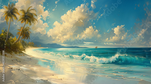 Vintage oil painting of a serene beach scene with gentle waves, palm trees, and a bright blue sky, evoking a sense of calm and relaxation.