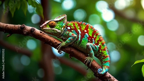 Chameleon on tree branch with bokeh background, smooth looping video animation photo