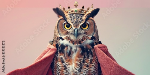 An owl adorned with a royal cape and crown on a pastel background, offering generous copyspace photo