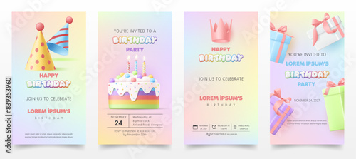 Set of Happy birthday invitation greeting card banner template. 3D cute cake, crown, colorful gift box and party hat on rainbow background for kid poster, wallpaper, invite cards. Vector Illustration