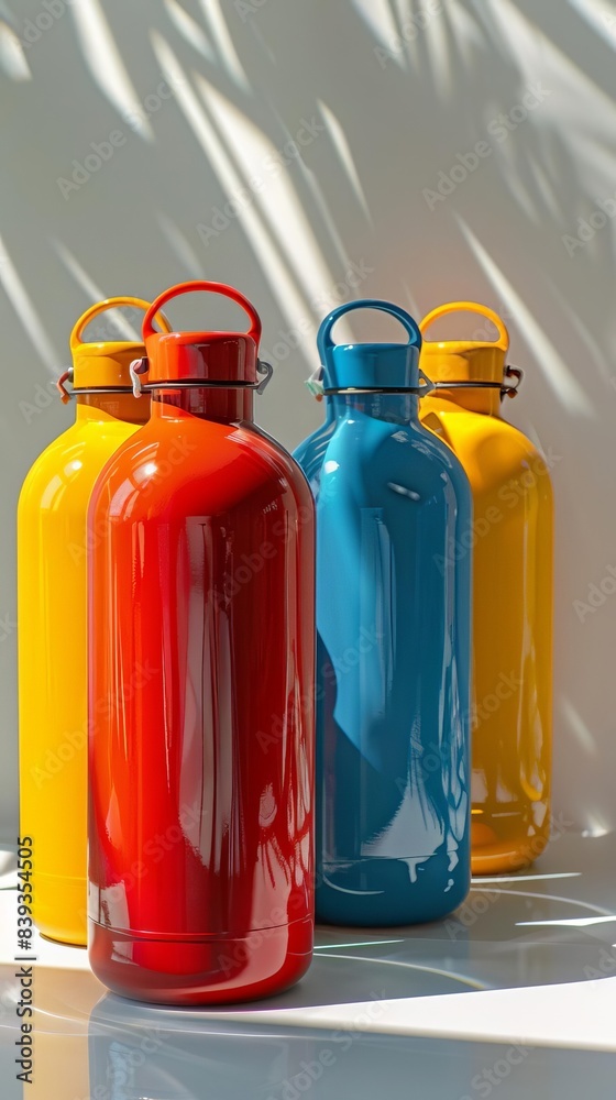 Four colorful water bottles in a row against a white background. Four colorful water bottles in a row against a white background.