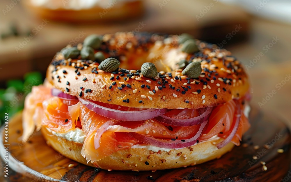 A delicious smoked salmon bagel with red onion and capers A delicious smoked salmon bagel with red onion and capers