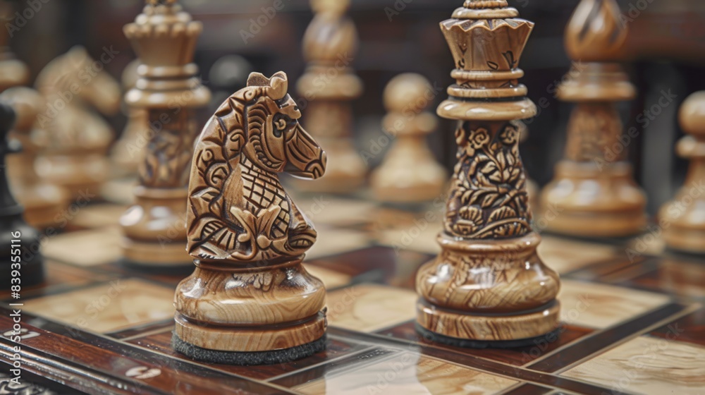 Fototapeta premium Elegant close up of a chessboard set for a game, focusing on carved wooden pieces. Chess tournament
