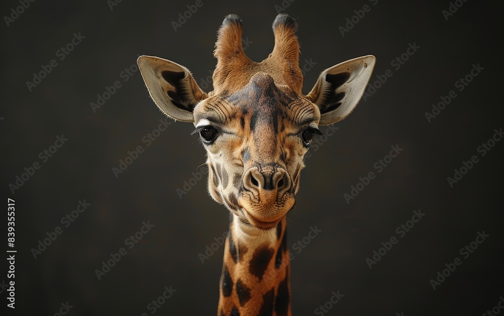 Naklejka premium A giraffe looks directly at the camera in a close-up portrait