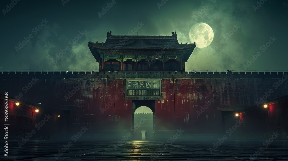 Obraz premium At night, 1947 Tiananmen Square, under the towering city wall, the moonlight shines on the ground through the city gate, the city wall is red, strong light and shadow dry, two gates on both sides, the