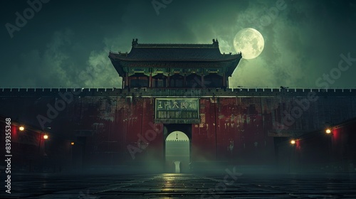 At night, 1947 Tiananmen Square, under the towering city wall, the moonlight shines on the ground through the city gate, the city wall is red, strong light and shadow dry, two gates on both sides, the © imlane