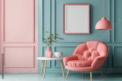 Blank frame photo in Modern Pastel Living Room with Pink Armchair and Blue Wainscoting