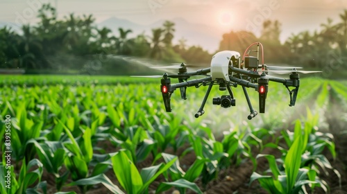 Agricultural drones fly over farmland spraying fertilizer. Farmers use a drone to spray fertilizer on fields. High-tech innovations and smart agriculture 