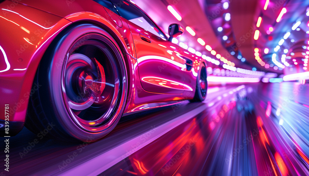 A close-up on the wheels of a red sports car, showing detailed motion blur as it speeds along a brightly lit neon highway, emphasizing technology and modern design. A close-up on the wheels of a red sports car, showing detailed motion blur as it speeds along a brightly lit neon highway, emphasizing technology and modern design.