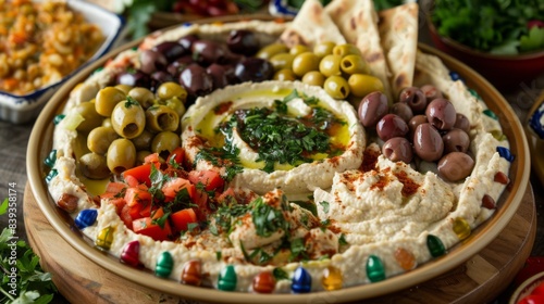 A vibrant platter of Mediterranean mezze with hummus, baba ganoush, falafel, olives, and pita bread
