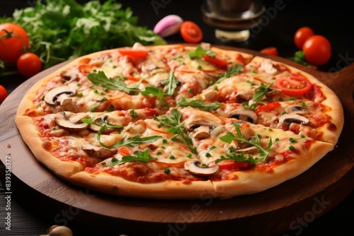 Appetizing pizza with tomatoes, cheese, mushrooms, and arugula on a wooden surface