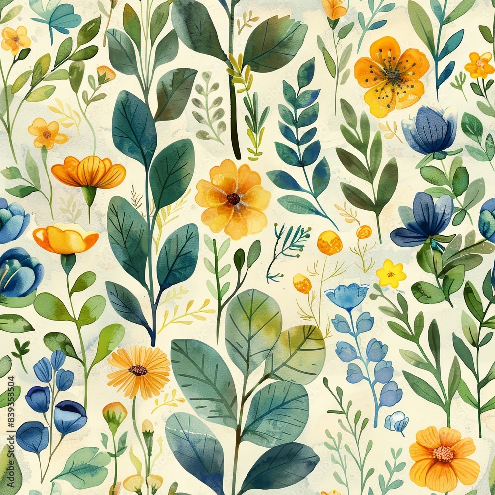 Watercolor wildflowers and leaves in a seamless tile pattern Watercolor wildflowers and leaves in a seamless tile pattern