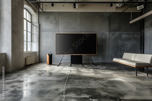 a modern seminar room, concrete floor, grey walls, only furniture is a large tv on a stand and one cool sofar at the side, eye level shot,  photo