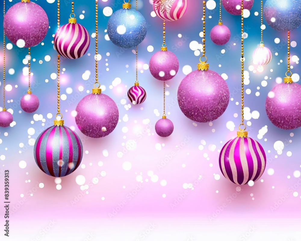 Pink, purple and blue Christmas balls with stars and sparkles on light  background . New year,  festive concept. Horizontal banner with copy space.