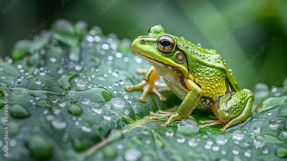 Naklejka premium vibrant green frog perched on dewy leaf after rainfall amphibian wildlife portrait photograph