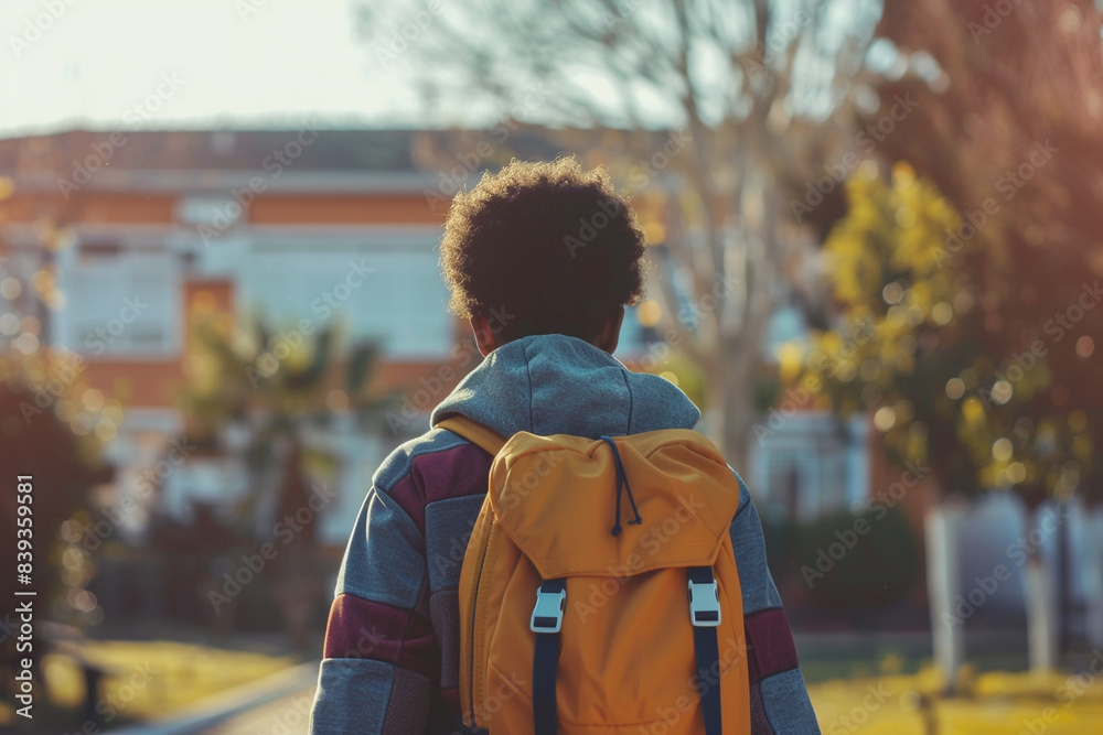 Obraz premium Backview of diverse student with backpack walking to a school building in the morning, back to school concept, Generative AI