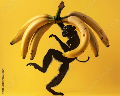 Artistic representation of a bunch of bananas forming a playful monkey silhouette