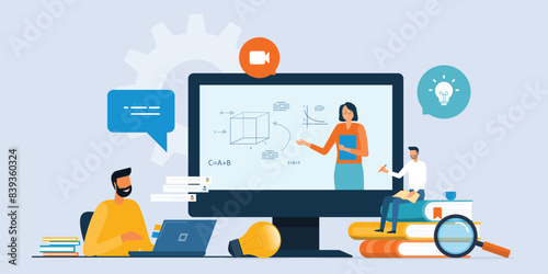 vector illustration design online education and E-learning at home by webinar training and design for Webinar, online video training, tutorial podcast and business coaching concept.