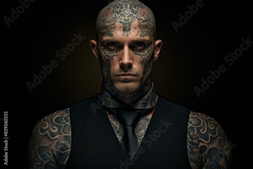 Intimidating Tattooed tribe man portrait. Face body senior face claw. Generate Ai