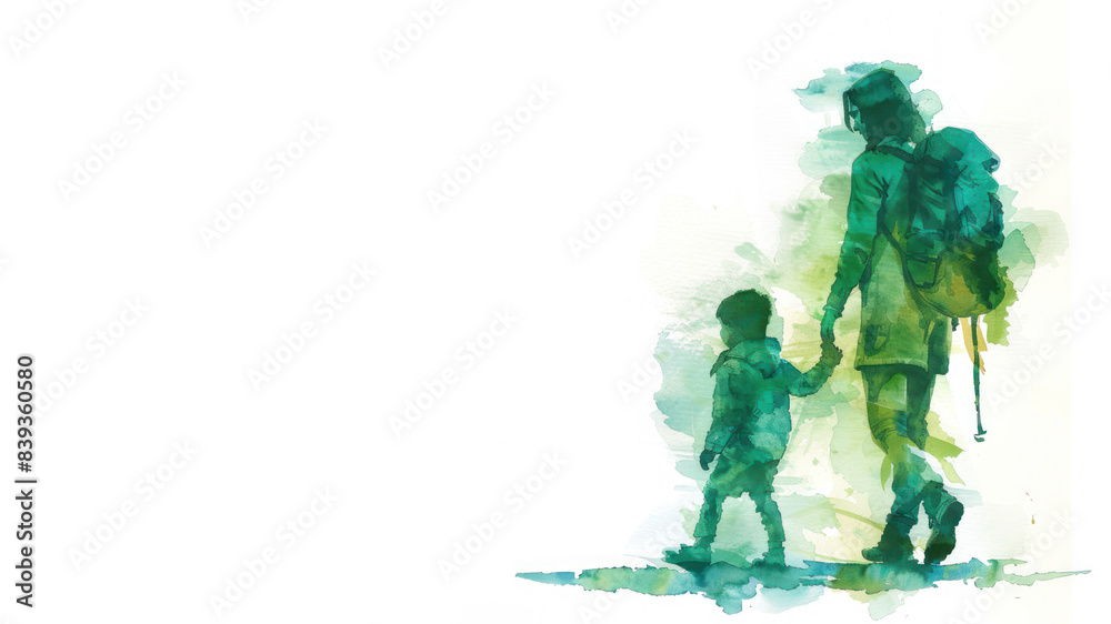 Green watercolor paint of A mother walk with her child outdoor activity Green watercolor paint of A mother walk with her child outdoor activity