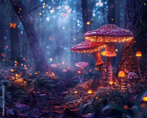 An enchanted forest with glowing mushrooms, fireflies, and a mystical atmosphere