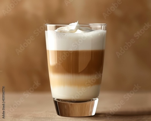 An elegant presentation of a latte in a clear glass, showing the layers of coffee and milk