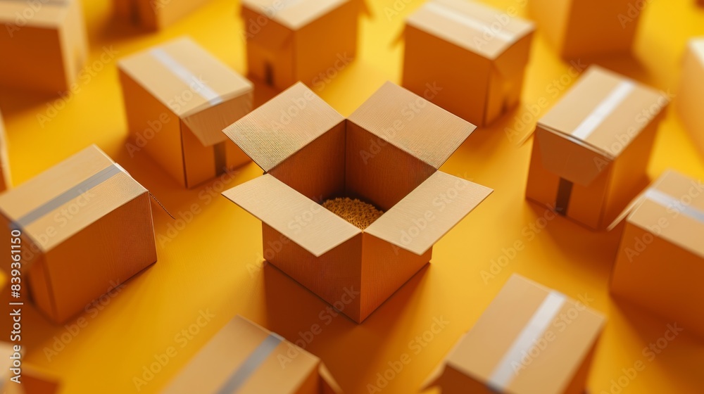 Open cardboard box with soft padding between closed boxes on yellow background. generative ai Open cardboard box with soft padding between closed boxes on yellow background. generative ai