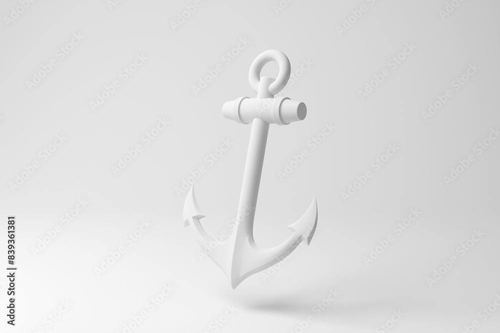 White anchor floating in mid air on white background in monochrome and minimalism. Illustration of the concept of marine industry and nautical equipment White anchor floating in mid air on white background in monochrome and minimalism. Illustration of the concept of marine industry and nautical equipment