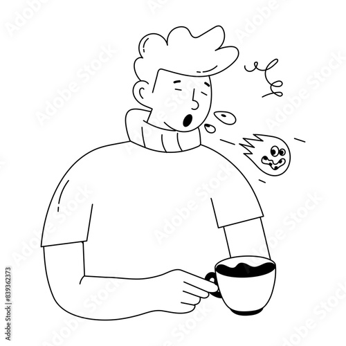 An editable doodle mini illustration of coughing 