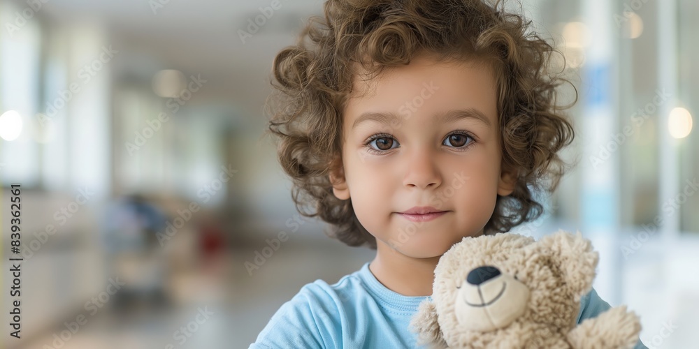 Young child with teddy bear, curly hair, close-up, innocence, childhood, concept Young child with teddy bear, curly hair, close-up, innocence, childhood, concept