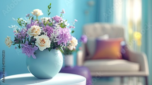 a vase with pastel flowers on a white side table near an armchair in a living room, shown in a closeup view.