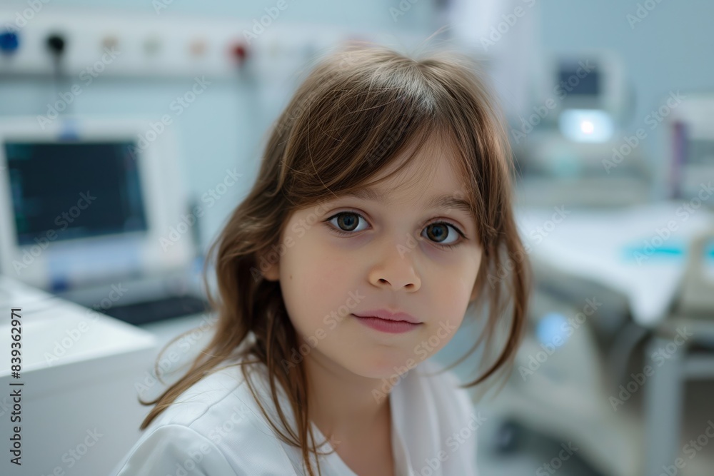 Portrait of a young girl with long brown hair in a medical facility, healthcare concept Portrait of a young girl with long brown hair in a medical facility, healthcare concept