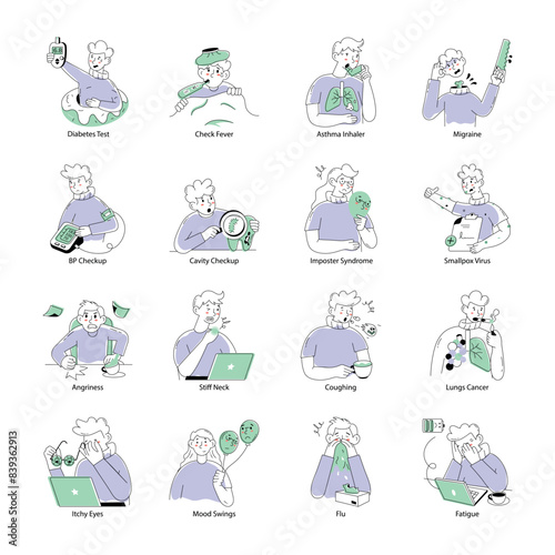 Collection of Disease Symptoms Doodle Mini Illustrations 


