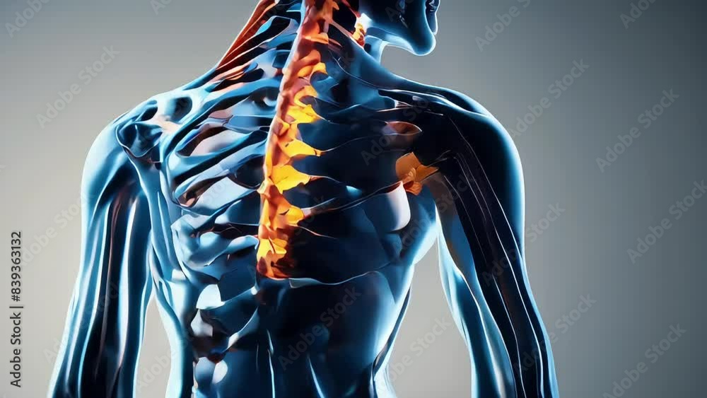 Hand Human Back Xray and 3d Spinal pain and human back anatomy Man puts his hands ...