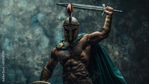 Spartan warrior brandishes his sword and shield, ready for battle © Mars0hod