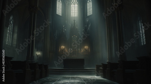 Altar in a dark gloomy Catholic cathedral  surrounded by shadows  casting an eerie and somber atmosphere