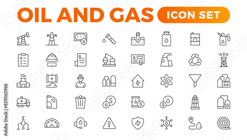 Set of Oil Gas Industry Line Icons. Contains such Icons as Gas Station, Oil Factories, Transportation, and more. line icon set.