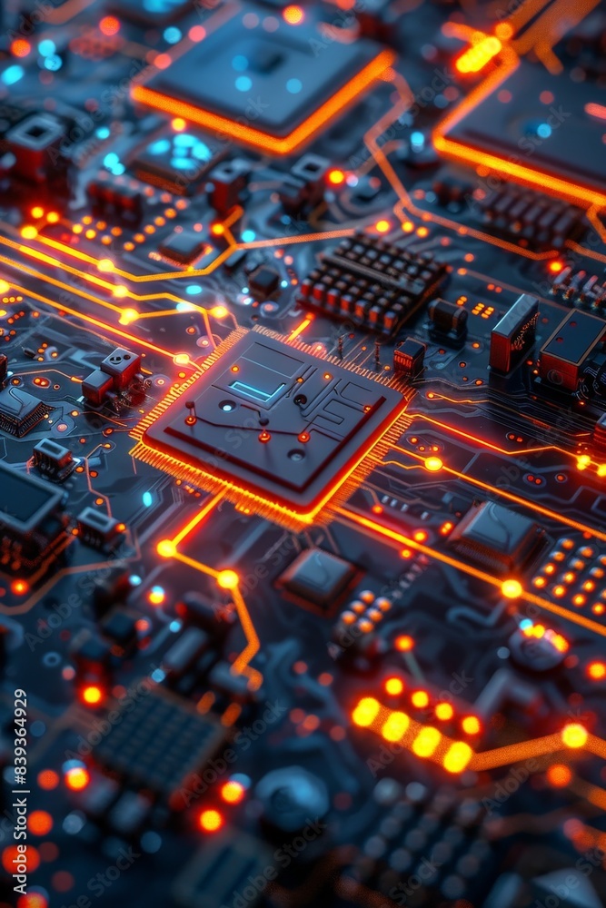 Close-Up of a Modern Circuit Board with Glowing Orange and Blue Lights, Showcasing Advanced Technology and Intricate Electronic Components Close-Up of a Modern Circuit Board with Glowing Orange and Blue Lights, Showcasing Advanced Technology and Intricate Electronic Components