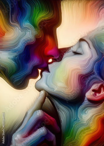 An abstract illustration of two faces kissing, in a loving embrace, depicted with vibrant, swirling colors symbolizing unity, pride, and diversity.  