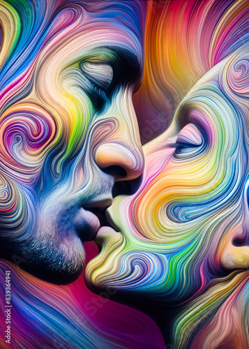 An abstract illustration of two faces kissing, in a loving embrace, depicted with vibrant, swirling colors symbolizing unity, pride, and diversity.  