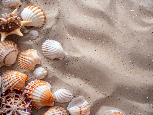 Summer vacation background with seashells on sand.