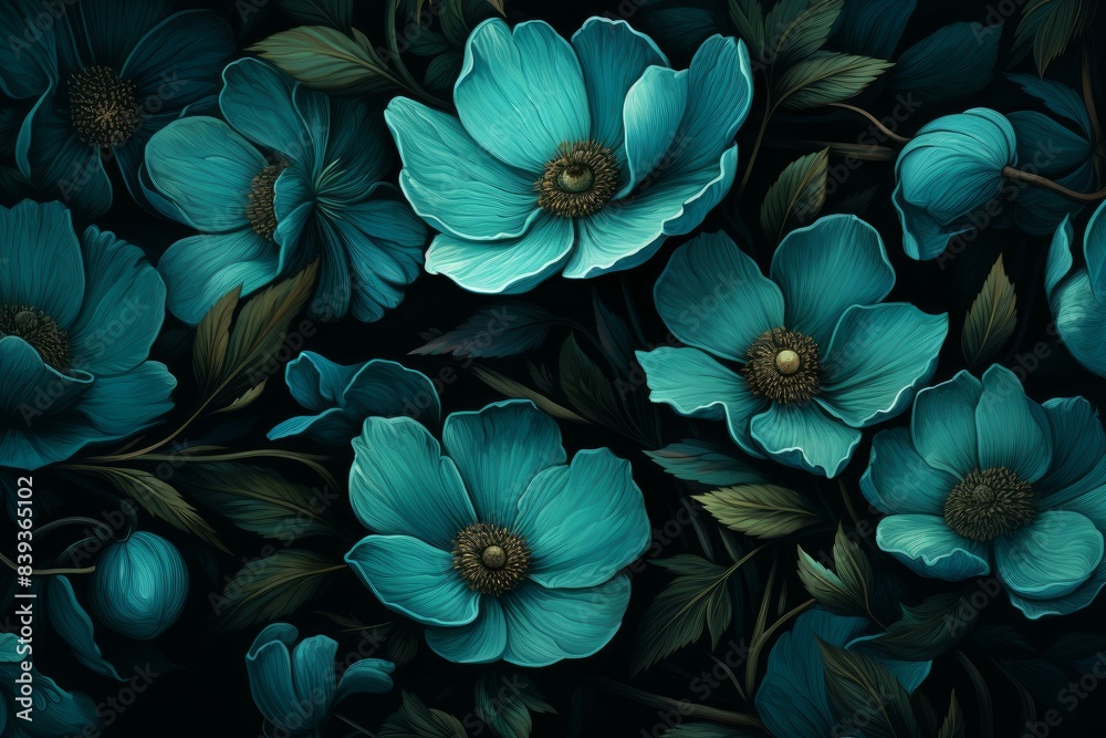 Alluring Teal flowers bush dark. Botanical small. Generate Ai Alluring Teal flowers bush dark. Botanical small. Generate Ai