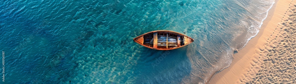 Obraz premium Aerial View of a Wooden Boat on Crystal Clear Blue Water Near Sandy Beach - Serene Coastal Scene Perfect for Travel and Nature Themes