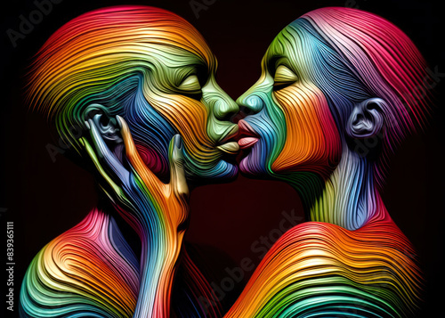 An abstract illustration of two faces kissing, in a loving embrace, depicted with vibrant, swirling colors symbolizing unity, pride, and diversity.  