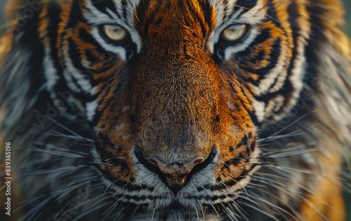 A tigers face fills the frame with intense focus