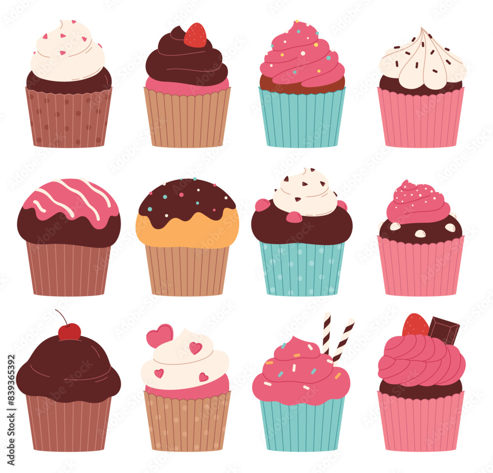 Small delicious cupcakes. A set of colorful beautiful sweets. Sweet pastries for tea. Vector illustration Small delicious cupcakes. A set of colorful beautiful sweets. Sweet pastries for tea. Vector illustration