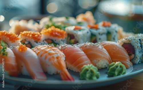 Close-up of assorted sushi rolls on a blue plate