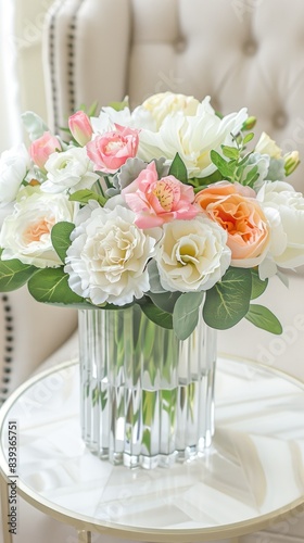 a vase with pastel flowers on a white side table near an armchair in a living room, shown in a closeup view. © lililia