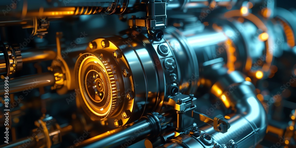 The image shows a close-up of a complex machine with many pipes and gears. The image shows a close-up of a complex machine with many pipes and gears.