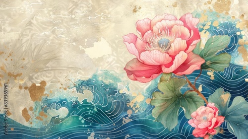 Fototapeta Naklejka Na Ścianę i Meble -  vibrant watercolor painting of enchanting peony blossom on oriental wave background